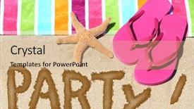  Presentation with beach party - Amazing slide set having beach party travel fun concept party written in sand with water next to beach towel summer sandals and starfish summer and sun vacation holidays background backdrop and a coral colored foreground