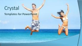  Presentation with young happy couple - Theme consisting of beach people - happy couple jumping background and a sky blue colored foreground