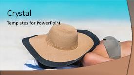  Presentation with sun tanning - Colorful presentation design enhanced with beach relaxation woman sleeping backdrop and a light blue colored foreground