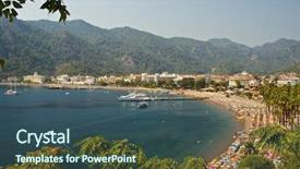  Presentation with sea shore - Cool new presentation theme with beach resort with turquise sea backdrop and a ocean colored foreground