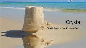  Presentation with zen footprints and sand - PPT theme featuring beach sandcastle - pretty sand castle by tidepool background and a coral colored foreground