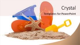 Presentation with orange starfish - Beautiful presentation theme featuring beach scene with blue pail backdrop and a lemonade colored foreground