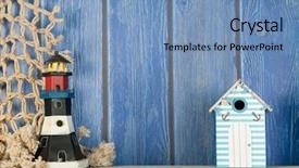  Presentation with fishing net - Amazing PPT theme having beach scene with lighthouse and fishing net on blue timbered background backdrop and a teal colored foreground