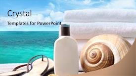  Presentation with lotion - Beautiful PPT theme featuring beach spa - sunblock lotion and white towels backdrop and a light blue colored foreground