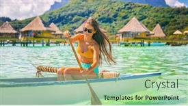  Presentation with tourist - PPT theme featuring beach-sport-tourist-woman-paddling background and a mint green colored foreground