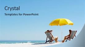  Presentation with under umbrella - Beautiful slide set featuring beach summer couple on island backdrop and a light blue colored foreground