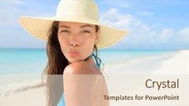  Presentation with shells beach summer holiday - Beautiful theme featuring beach sun hat woman blowing backdrop and a lemonade colored foreground
