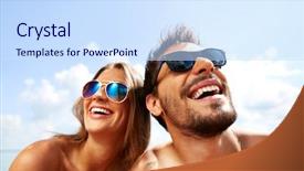  Presentation with fun - Beautiful slide deck featuring beach sunglasses - relaxed young dates having fun backdrop and a sky blue colored foreground