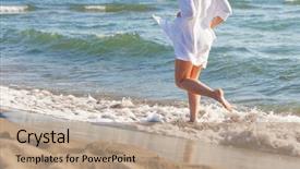  Presentation with crime woman on the run - PPT layouts enhanced with beach sunny summer day lower background and a coral colored foreground