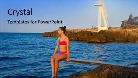  Presentation with girl running on the beach clouds - Amazing PPT theme having beach sunset on trampoline springboard backdrop and a  colored foreground