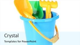  Presentation with beach toys on sand - Colorful theme enhanced with beach toys isolated on white backdrop and a arctic colored foreground