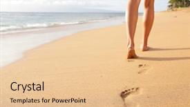  Presentation with footprints sand - Cool new PPT theme with beach travel - woman walking backdrop and a lemonade colored foreground