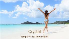  Presentation with jolly - Slide deck enhanced with beach travel and vacation holidays concept with bikini girl happy running full of joy and aspiration on pristine beautiful caribbean beach with turquoise water woman on jolly beach antigua background and a sky blue colored foreground