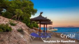  Presentation with beach rocks - Slide set enhanced with beach-umbrellas-at-rocks-beach background and a violet colored foreground
