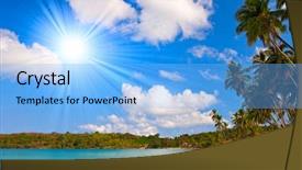  Presentation with sun rays on blue sky - Colorful PPT layouts enhanced with beach under sky with clouds backdrop and a  colored foreground