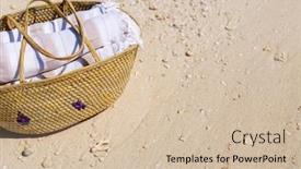  Presentation with beach bag - PPT theme with beach vacation close up straw bag with towels on at tropical coast background and a soft green colored foreground