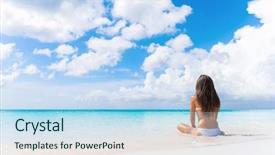  Presentation with holiday destination - Amazing slide deck having beach vacation dream woman enjoying backdrop and a sky blue colored foreground