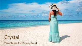  Presentation with vacation - PPT theme consisting of beach vacation girl walking along background and a cream colored foreground