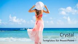  Presentation with bliss - Beautiful presentation theme featuring beach vacation happy woman enjoying sunny day at the beach open arms freedom happiness and bliss backdrop and a light blue colored foreground