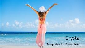  Presentation with bliss - Presentation theme having beach vacation happy woman enjoying background and a light blue colored foreground