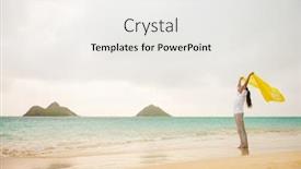  Presentation with happy holidays - Cool new PPT layouts with beach-vacation-woman-happy-feeling backdrop and a white colored foreground