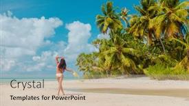  Presentation with vacation - Beautiful presentation theme featuring beach-vacation-woman-sunbathing-relaxing backdrop and a soft green colored foreground