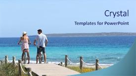  Presentation with man riding big bike motor - Colorful slide set enhanced with beach view - couple riding bikes on formentera backdrop and a sky blue colored foreground