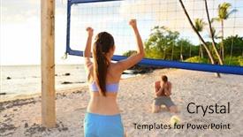  Presentation with beach volleyball - Cool new slide deck with beach volley ball fun girl backdrop and a coral colored foreground