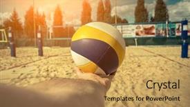  Presentation with beach ball - Cool new PPT theme with beach volleyball ball in hand before start the game under sunlight backdrop and a yellow colored foreground