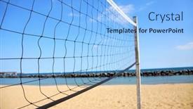  Presentation with volleyball net - Colorful theme enhanced with beach volleyball net in perspective on a sandy beach backdrop and a light blue colored foreground