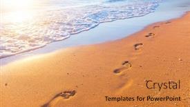  Presentation with footprints - Cool new presentation theme with beach wave and footprints at sunset time backdrop and a gold colored foreground