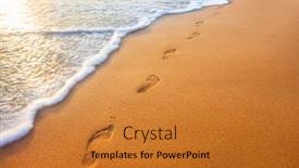  Presentation with sunset beach - PPT theme with beach wave and footprints at sunset time background and a gold colored foreground