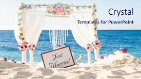  Presentation with tropical wedding - Audience pleasing PPT theme consisting of beach wedding set up tropical backdrop and a sky blue colored foreground
