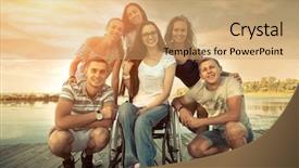  Presentation with happines - Colorful slide deck enhanced with beach wheelchair - happines group of friedns backdrop and a coral colored foreground