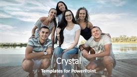  Presentation with happines - Colorful slide set enhanced with beach wheelchair - happines group of friedns backdrop and a gray colored foreground