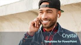  Presentation with wearing swimming goggles and cap - Slide deck featuring beach while listening music background and a ocean colored foreground