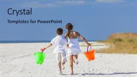  Presentation with children running - PPT theme consisting of beach with bucket and spade background and a teal colored foreground