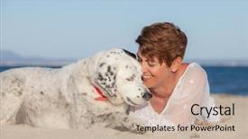  Presentation with old dog - Colorful slide set enhanced with beach with old rescue dog backdrop and a soft green colored foreground