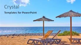  Presentation with sea - Slides featuring beach-with-parasols-and-chaise background and a light blue colored foreground