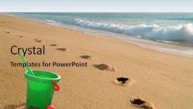  Presentation with footprints sand - PPT theme enhanced with beach with plastic green bucket background and a coral colored foreground