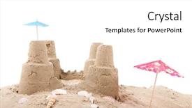  Presentation with beach party invitation - PPT theme with beach with sandcastle and parasols background and a  colored foreground