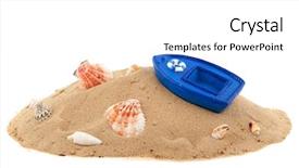  Presentation with shells - Audience pleasing presentation theme consisting of beach with shells and blue boat in the sand backdrop and a white colored foreground