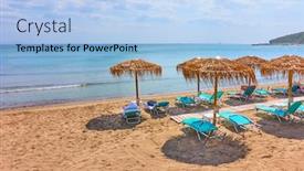  Presentation with island resort - Beautiful presentation theme featuring beach with straw umbrellas by the sea on sunny summer day agia marina aegina island greece - greek resort backdrop and a light blue colored foreground