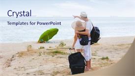  Presentation with beach bag - Audience pleasing PPT theme consisting of beach with travel bag backdrop and a sky blue colored foreground