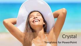  Presentation with sun tanning - Cool new presentation design with beach woman enjoying sun tanning backdrop and a coral colored foreground