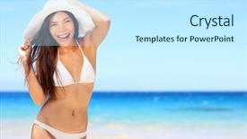  Presentation with sun blue sky and ocean - Colorful presentation theme enhanced with beach woman happy on travel backdrop and a cool aqua colored foreground
