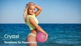  Presentation with beach volleyball - Theme featuring bikini holding a volleyball background and a ocean colored foreground