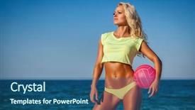  Presentation with beach volleyball - Cool new slide set with beach woman in bikini holding a volleyball backdrop and a ocean colored foreground