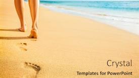  Presentation with footprints sand - Beautiful PPT theme featuring beach-woman-legs-feet-walking backdrop and a lemonade colored foreground