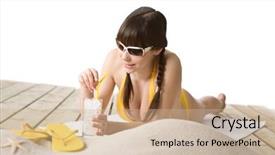  Presentation with cold drink - PPT theme enhanced with beach - woman with cold drink in bikini sunbathing lying down on towel background and a soft green colored foreground